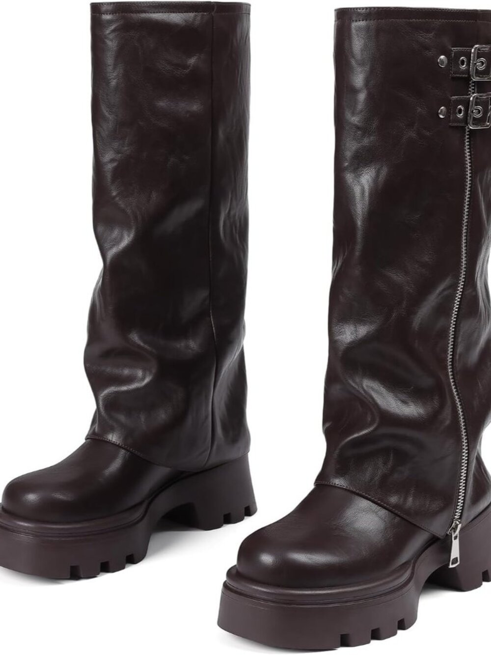 Women's Brown Knee High Boots Foldover Wide Calf Pull on Cute Chunky Platform - Picture 2 of 6